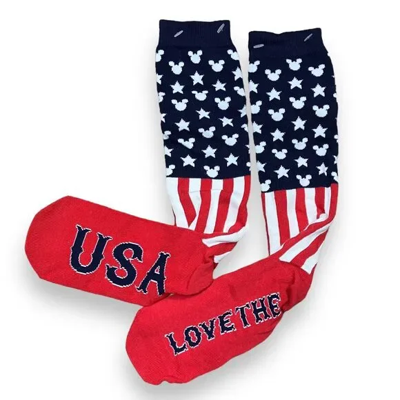 DISNEY PARKS MICKEY MOUSE ICON Love the USA Stars Stripes Adult Socks Red Blue - Picture 1 of 4
